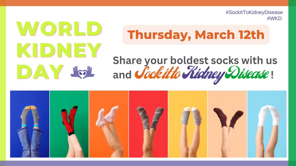 NU_Nephrology's tweet photo. Happy #KidneyMonth! Ready to Sock It to Kidney Disease?🧦

Join our #SockItToKidneyDisease campaign on World Kidney Day (#WKD) by wearing your brightest socks, taking a photo, and sharing it with the #SockItToKidneyDisease &amp; tag us! https://t.co/c1BrdXrrGv
