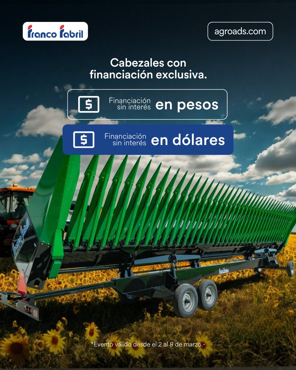 Condiciones exclusivas para tu próximo cabezal. 🌽✨

Financiación exclusiva: en pesos sin interés y también en dólares sin interés.
Conocé los modelos disponibles en bit.ly/3OIpu78

#agroads #cabezales #nuevos #expoagro #financiacion #sininteres #campo #agro
