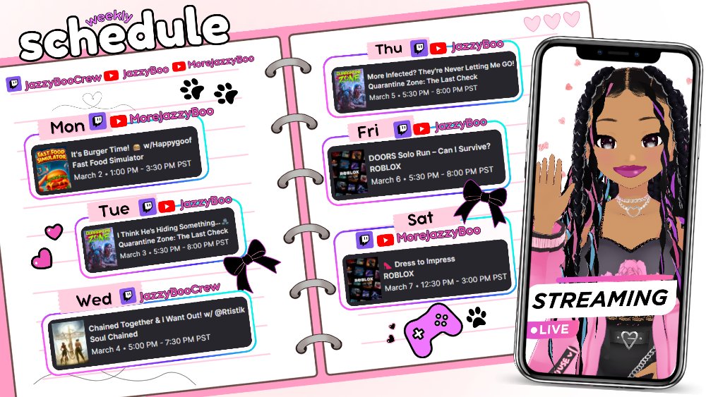 If you’ve been meaning to stop by a stream, this is your sign🥰
I'm LIVE on Twitch @jazzyboocrew and on YouTube check the schedule for details. Collabs this week with @RTisTik and <a href="/HappyGoof4/">HappyGoof4</a>