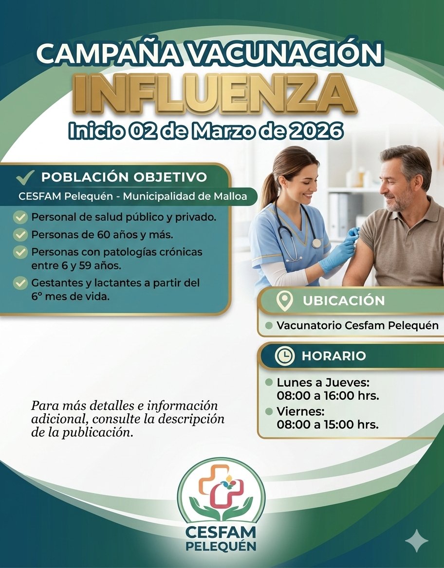 saludmalloa's tweet photo. 📢 ¡Inició la Vacunación Influenza 2026 en #CESFAMPelequén! 🩺🛡️

Si eres personal de salud, +60 años, crónico o embarazada/lactante, ¡protégete!

📍 Vacunatorio CESFAM Pelequén 
⏰ Lun-Jue: 08-16h | Vie: 08-15h

¡La prevención es clave!
#Influenza2026 #SaludMalloa https://t.co/uKsQooXfjp