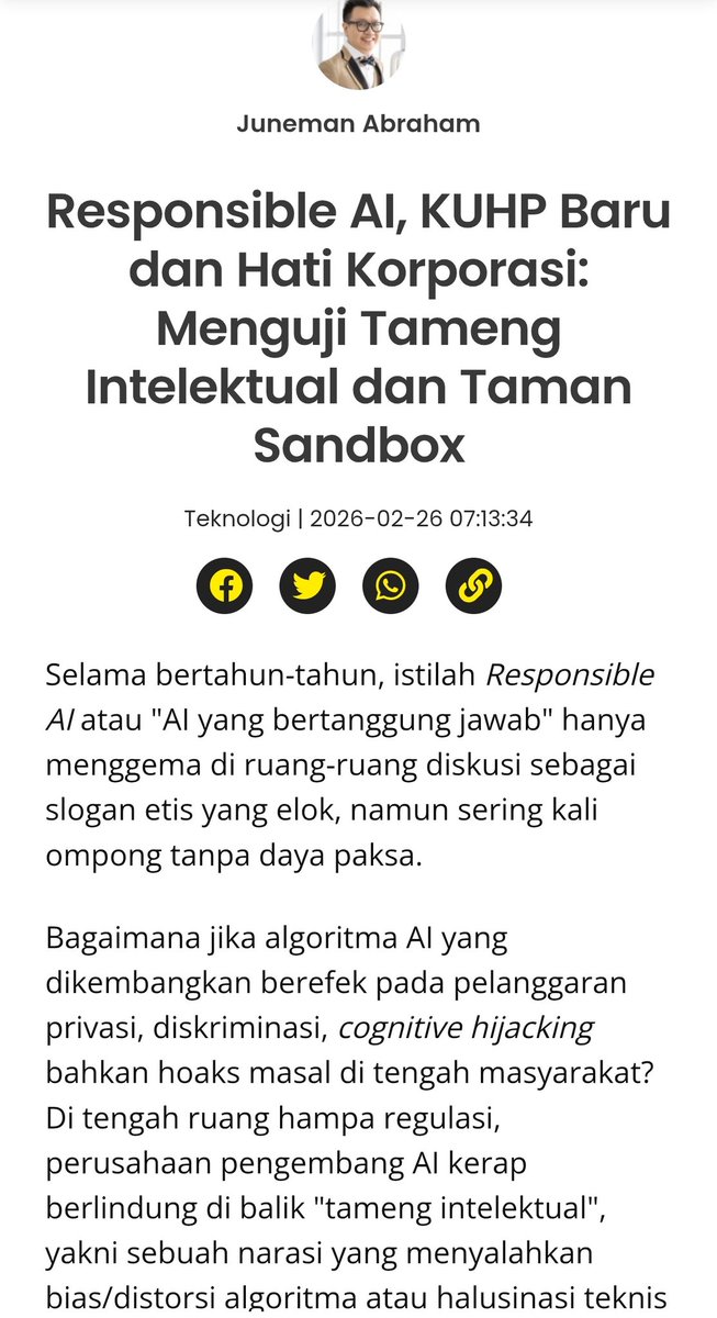 Perwujudan Responsible AI di Indonesia menuntut kerja sama strategis antara pemerintah selaku regulator, aparat penegak hukum sebagai garda implementasi KUHP Nasional, serta korporasi teknologi yang berkolaborasi erat dengan akademisi lintas disiplin (terutama pakar perilaku dan