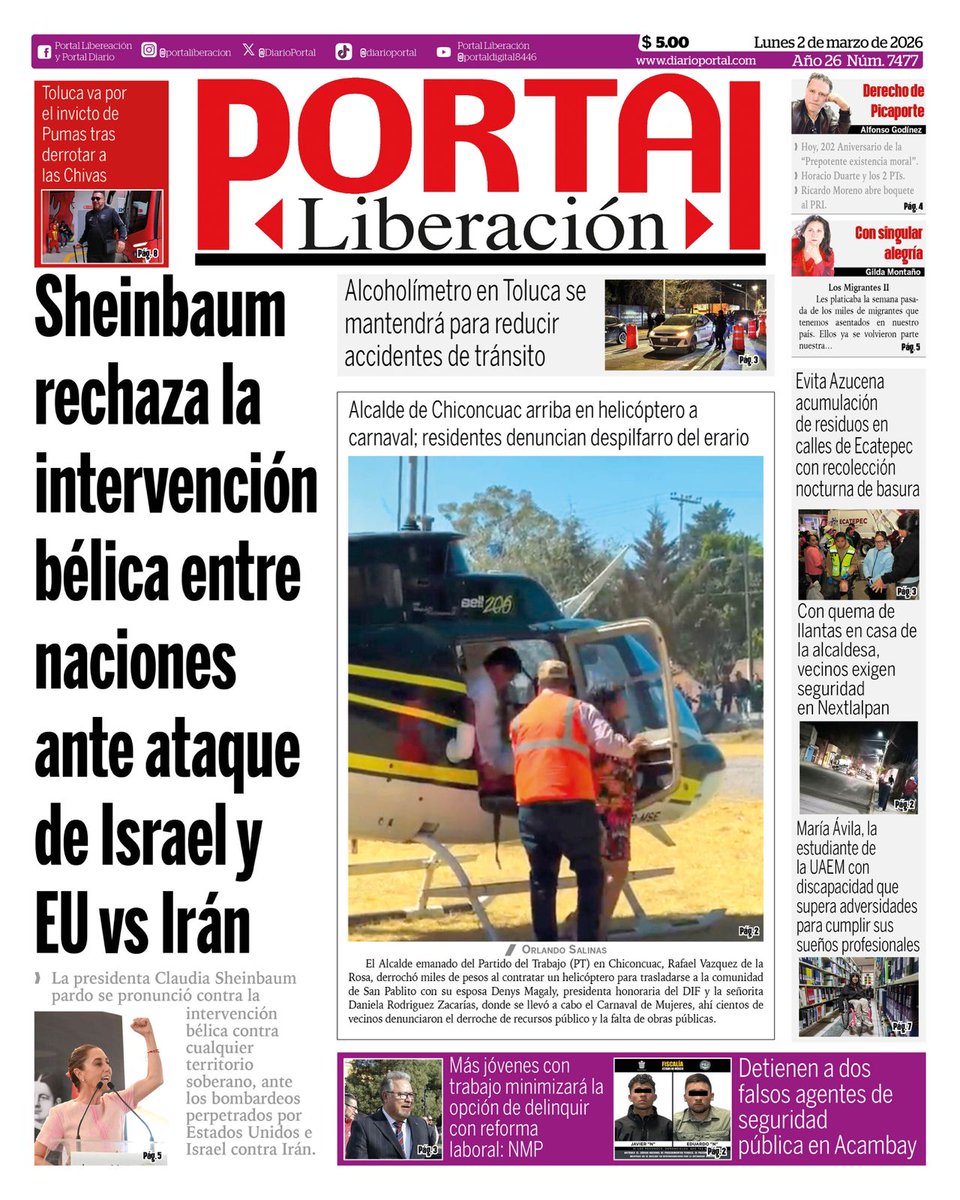 Excelente #lunes
#PRIMERA #PLANA 📰

🔰#Sheinbaum rechaza la intervención bélica entre naciones

🔰Residentes de #Chinconcuac #denuncian despilfarro del erario

🔰Evita <a href="/azucenacisneros/">Azucena Cisneros</a> acumulación de residuos en calles de #Ecatepec

🔰 Vecinos exigen seguridad en #Nextlalpan