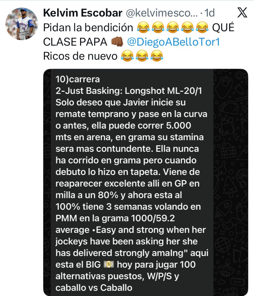 DiegoABelloTor1's tweet photo. SUSCRIPCIÓN semana del 5 al 8 de Marzo otro ESPECIAL ELITESCO Nuevamente un trabajo IMPECABLE pero esta vez para Tampa Bay Downs y atención estaremos EN VIVO desde el Hipódromo SIIII desde Tampa todo el dia Sábado y Tal vez el Viernes Si señor en Vivo con información DE LUJO con el Especial del Tampa Bay Derby, vanos a ver a CANALETTO vanos a tomarnos 1 FOTO con LO MAS FIJO de la semana (OJo es OTRO) 

Suscripción in Advance

Para exclusivamente los Followers, dele Like/Repost or Quote a este Post seleccionaremos a 10 y le enviare via DM Ese ejemplar especial del Sábado que es información PRIVILEGIADA que solamente NOSOTROS ofrecemos. Solo 3 condiciones debes ser Follower, haz Repost y Like y/ Quote a los 2  Tweets/Post y tenemos q pasar de 250 interactions y 4.000 views a mas tardar el dia Jueves a las 11:00 AM.

Gulfstream Park Jueves a Domingo: Después de la jornada del FOY, lamentablemente aqui queda la mediocridad. Al dia del hoy solamente 5 Best Bets, a los enamorados "GPSeros" tómense la semana Free. 

Tampa Bay Downs
Viernes: Buen Programa 3 Best pero 1 es información PRIVILEGIADA y no adivinen pq NI se imaginan cual.
Sábado ELITE y Domingo de Los jo inscriben Miércoles y Jueves para los 2 dias especiales, pero eso NO es problema porque tenemos los llamados, sabemos quienes seran inscritos hay q esperar los PP, y LISTO. Estimamos 6 Best Bets minimo 2 Clock Report, 2 Informaciones PRIVILEGIADAS al estilo ELITE (El Miércoles les dare los detalles)

Santa Anita
Sera nuestro 2do FOCO pq también tendremos Jornada de LUJO el dia Sábado con el San Vicente y BRANT el nino mimado de Bob Baffert y Potente el otro nino Consentido de Baffert, y el Domingo el Santa Ysabel con Baffert inscribiendo 3 potras, y claro que llevara JARAMILLO tendra Vida? Viernes a Domingo en California estimamos tener 7 BB de acuerdo a los llamados y expectativas de inscripción.

Oaklawn Park
Daremos 2 Pick4 Viernes y Sabado (Sgue La Fiesta)

Aqueduct
Viernes y Sabado: alrededor de 5 Best Bets hay Billetico de $2.000 porque es information PRIVILEGIADA 

Manda DM o escribe a joselbellon@yahoo.com para precios y planes, aceptamos Zelle, PayPal y Bs por transferencia desde cualquier banco. Pregunta por el Plan DOS (2) Semanas con un 40% de descuento en n $ y en Bolívares sin duda La Mejor Opción.

Ya TODOS saben el EXITAZO de pa semana pasada y n especiap de p Sabado.

Tomasello 1ra Marca de LUJO mas de $17.40 a ganador

Just Basking Siiiiii un FIJO ina Base DE ULTRA LUJO $29 a ganador NADIE hace esto y ademas fue regalo ABIERTO del Space

She Be Smooth desde el Domingo se pa a uncle amos Boooooommmmm💣💣💣💣💣💣 Back To Back Esta EXCLUSIVAMENTE Suscriptores. $12.40 a ganador, el Pick 3 comes n esos 3 paga $1.570 WOW.

Y el cierre de ORO, la exacta Supersegura del Fountain Of Youth Commandment y Chief Wallabee. 
Cuando el trabajo, la honestidad el conocimiento y un poquito de suerte se combinan JURENLO en BIG💰💵está GARANTIZADO.

Followers y Suscriptores ESTALLARON de Alegria en X 👇