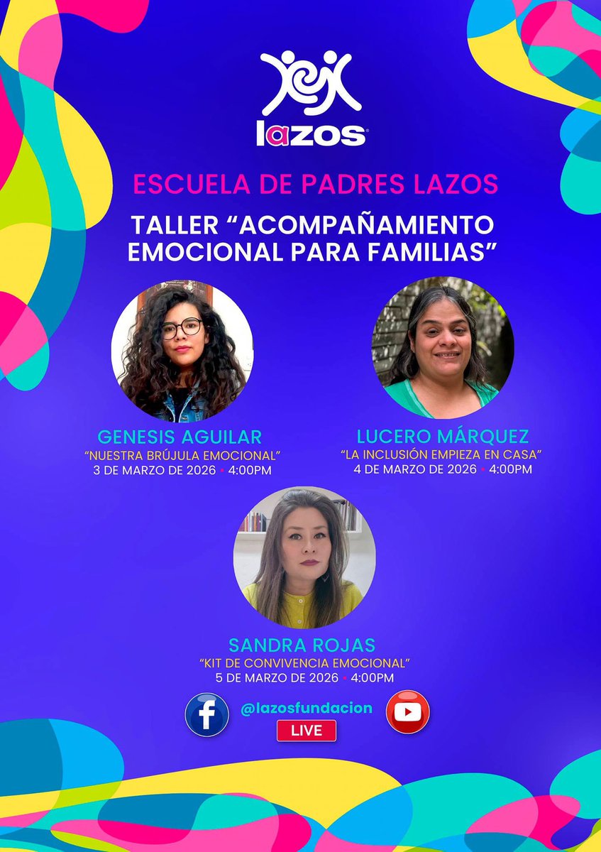 Mañana da comienzo nuestro Taller “Acompañamiento emocional para familias”. 
Te invitamos a ser parte este 3, 4 y 5 de marzo de Escuela de Padres Lazos 2026, un espacio de aprendizaje que brinda herramientas para una crianza positiva.

¡Te esperamos a través de FB Live y YouTube!