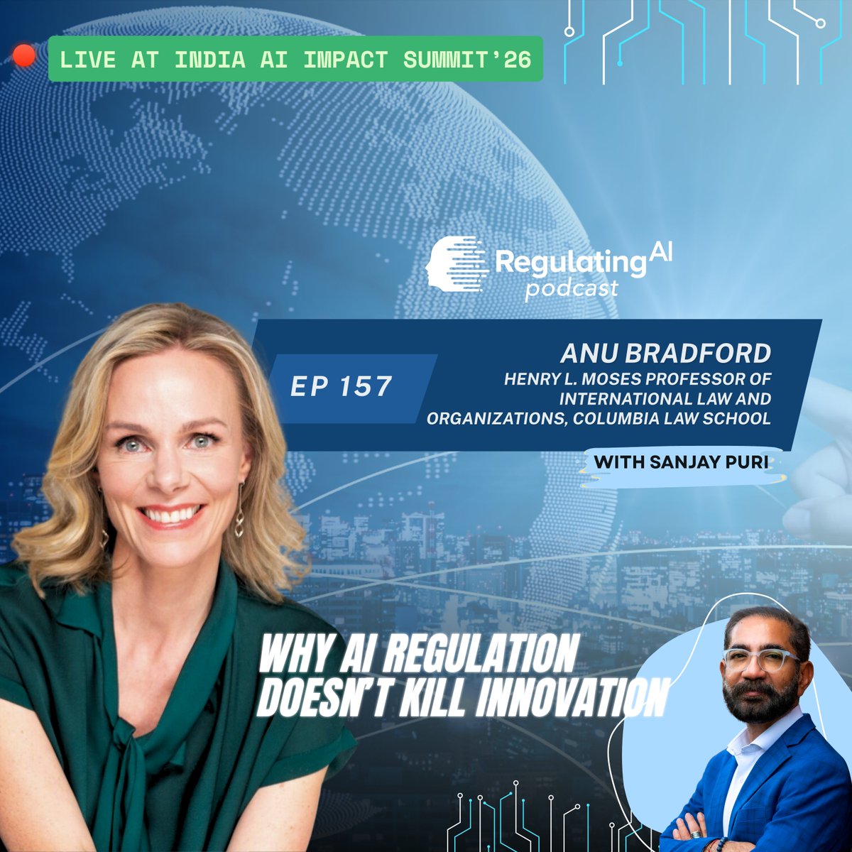 RegulatingAI's tweet photo. Recorded live at the India AI Impact Summit 2026 in New Delhi, the latest episode of Regulating AI features Anu Bradford, Henry L. Moses Professor of Law and International Organization at Columbia Law School. 

Listen now.
https://t.co/OoQeXiAinG

#RegulatingAI #AIGovernance #AnuBradford #IndiaAIImpactSummit #TechPolicy