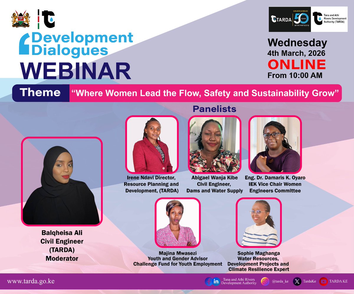 TardaKE's tweet photo. WOMEN LEADING THE FLOW: DRIVING SAFETY, SUSTAINABILITY &amp; SYSTEMIC CHANGE

1:This year’s #IWD2026 | #GiveToGain is a call to action. @TardaKE convenes its March #DevelopmentDialogues Webinar under one bold theme: “Where Women Lead the Flow, Safety &amp; Sustainability Grow.” @UN_Women https://t.co/mYz7emfrFO