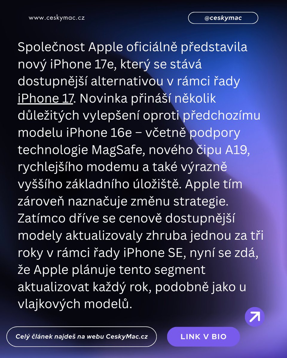 Apple představil iPhone 17e! 🍎
🚀 Čip A19
⚡ Více RAM
🧲 Konečně MagSafe
💰 Nejlevnější z nové řady
Bude to nový král prodejů, nebo vám tam něco zásadního chybí? 🤔👇
Detaily: ceskymac.cz/apple-predstav…
#iPhone17e #Apple