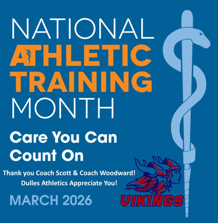 DHSAthletics550's tweet photo. March is National Athletics Training Month! ⚕️We are so grateful for Coach Scott &amp; Coach Woodward along with their student athletic trainers for all that they do for Dulles Athletics! ❤️💙 #NATM @FBISDAthletics @Dullessportsmed https://t.co/r8a6sS930z