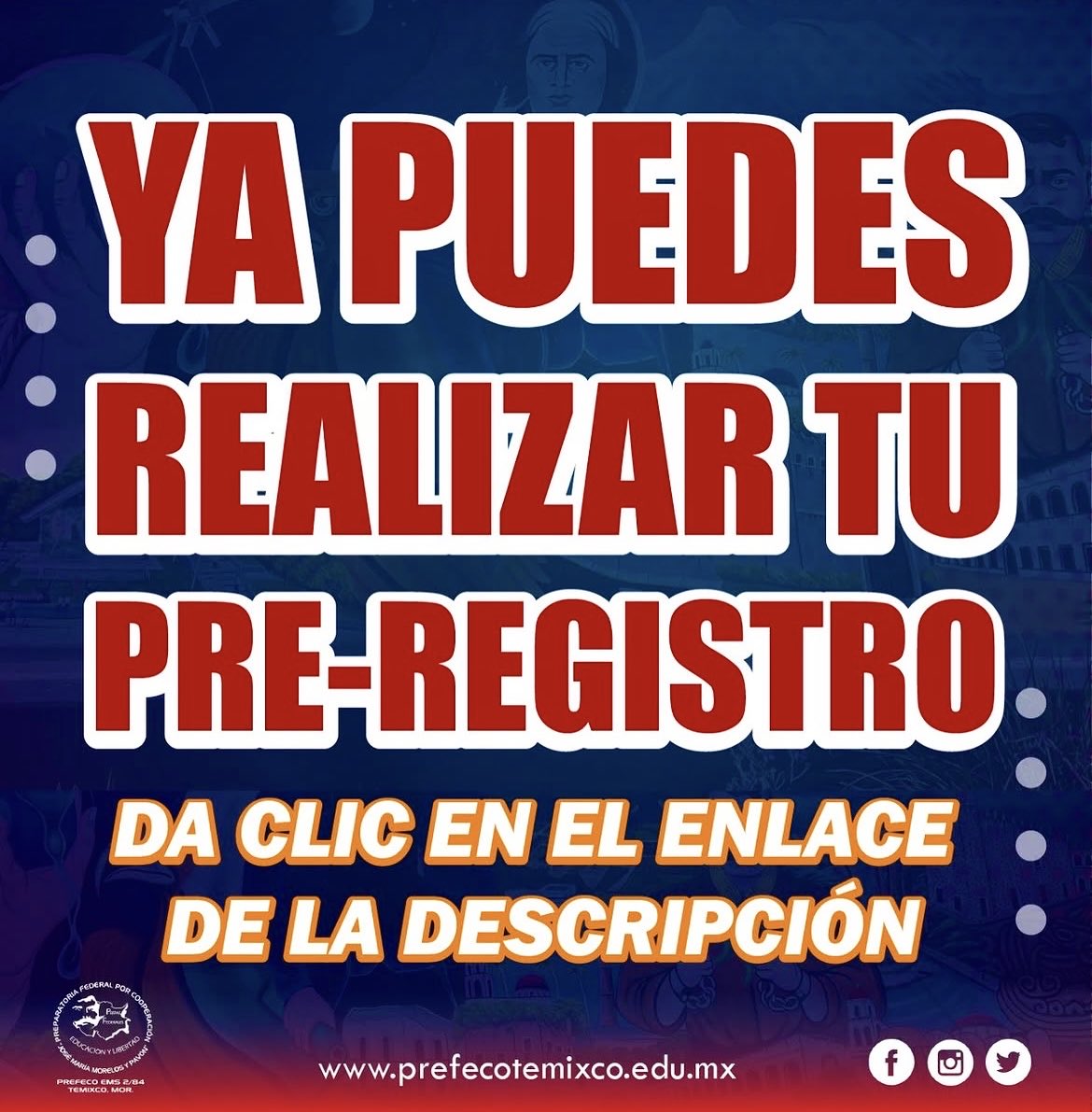 PrefecoTemixco's tweet photo. 🚨 ¡Ya puedes realizar tu preregistro! 🚨
Da clic en el siguiente enlace:
https://t.co/H83jNwCYF9 https://t.co/0GkH0BYa5C