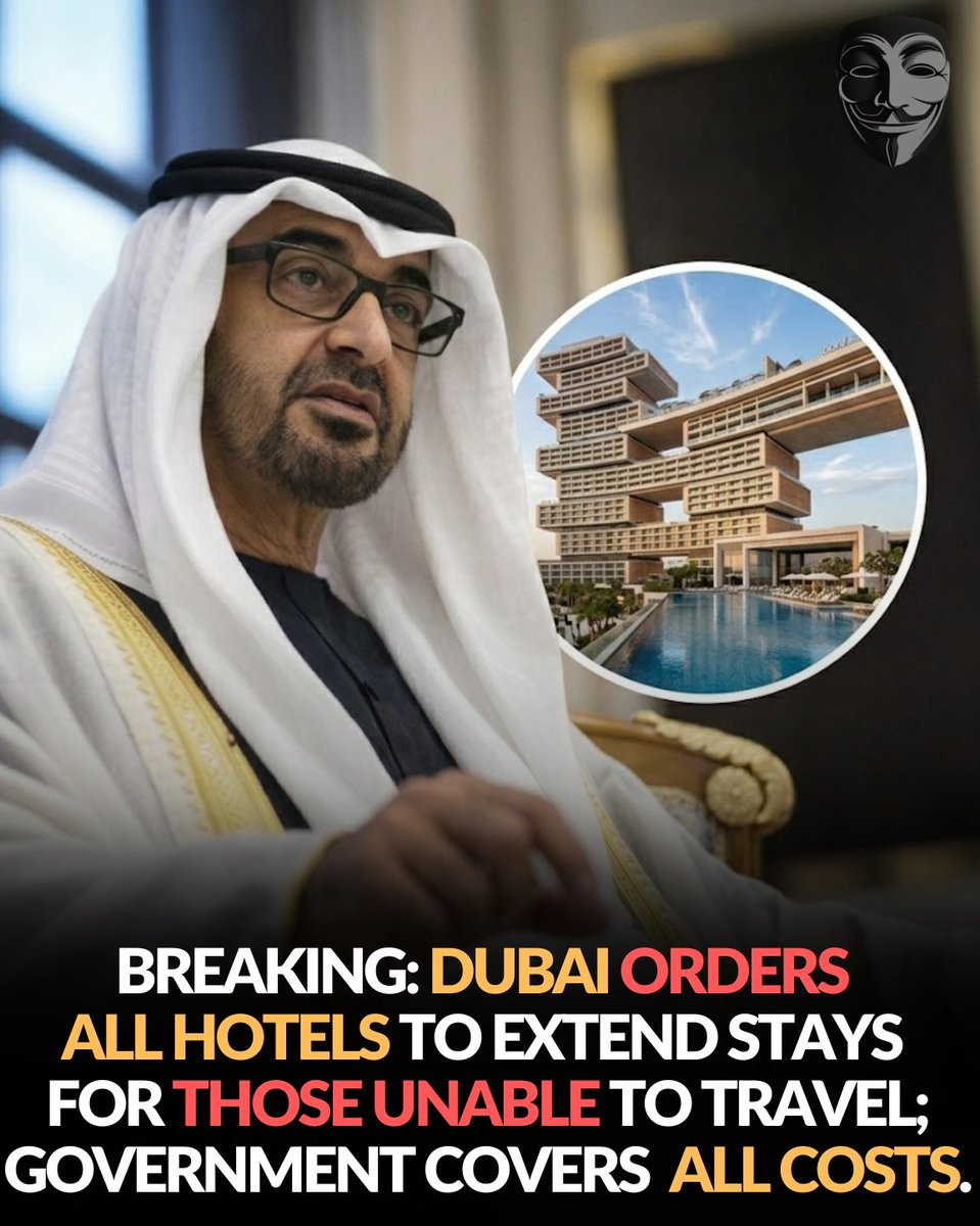 anonymousgroupx's tweet photo. Dubai Orders All Hotels to Extend Stays for Those Unable to Travel Due to the Circumstances.⛔💰

They came for sunshine, skylines, and unforgettable memories. Then suddenly... flights were cancelled and airspace closed. Thousands of travelers found themselves stuck far from home, unsure of what would happen next. What could have turned into panic instead became something many did not expect... calm support.

As airspace closures swept across parts of the Gulf, more than 20,000 passengers were left stranded due to the circumstances. Authorities in Abu Dhabi directed all hotels to extend stays for guests unable to leave and to send the invoices to the government. Dubai followed with a similar order. Accommodation and meals were covered, while private rental hosts even opened their homes free of charge.

There were no rushed checkouts or rising room prices. No one was left sleeping at the airport wondering what to do. It was a reminder that during uncertain moments, leadership and community matter most. In a world full of travel chaos stories... this one feels different. Would your country handle it the same way?

#fblifestyle #photography #community #UAE #TravelNews #Hospitality

References:
BBC: Gulf flight disruptions leave thousands stranded across region
Reuters: UAE extends hotel stays for stranded passengers after airspace closures
The National: Abu Dhabi orders hotels to host stranded travellers at state expense
Gulf News: Dubai covers accommodation costs for tourists affected by flight cancellations