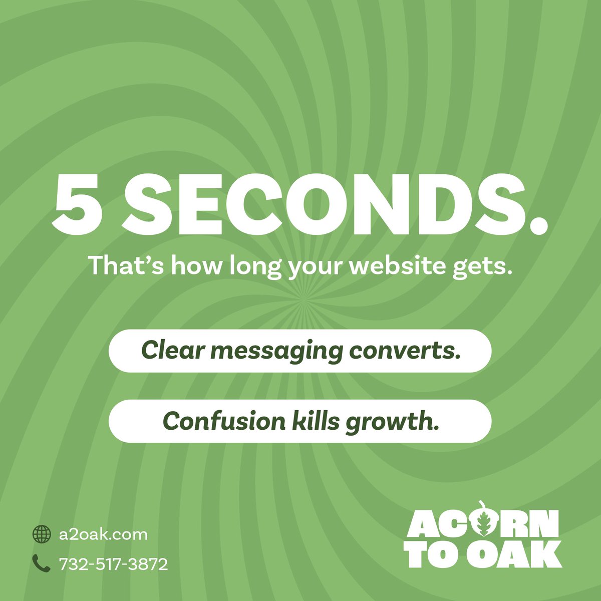 A2oMediaGroup's tweet photo. ⏱️ You have 5 seconds to make a first impression online. If visitors can’t quickly see who you are and what you do, they’re gone. Clear messaging converts. Confusion kills growth. Let us help! #WebDesign #ConversionRate #A2Oak https://t.co/l0Ox1DSxOm