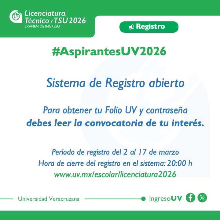 💚💙#EgresadoUV el Sistema de Ingreso a la UV se ha abierto; para obtener tu Folio UV y contraseña, primero debes leer completamente la convocatoria de tu interés.
🔗 uv.mx/escolar/licenc… 
📅Te recordamos que el período de registro será  del 2 al 17  de marzo de 2026.