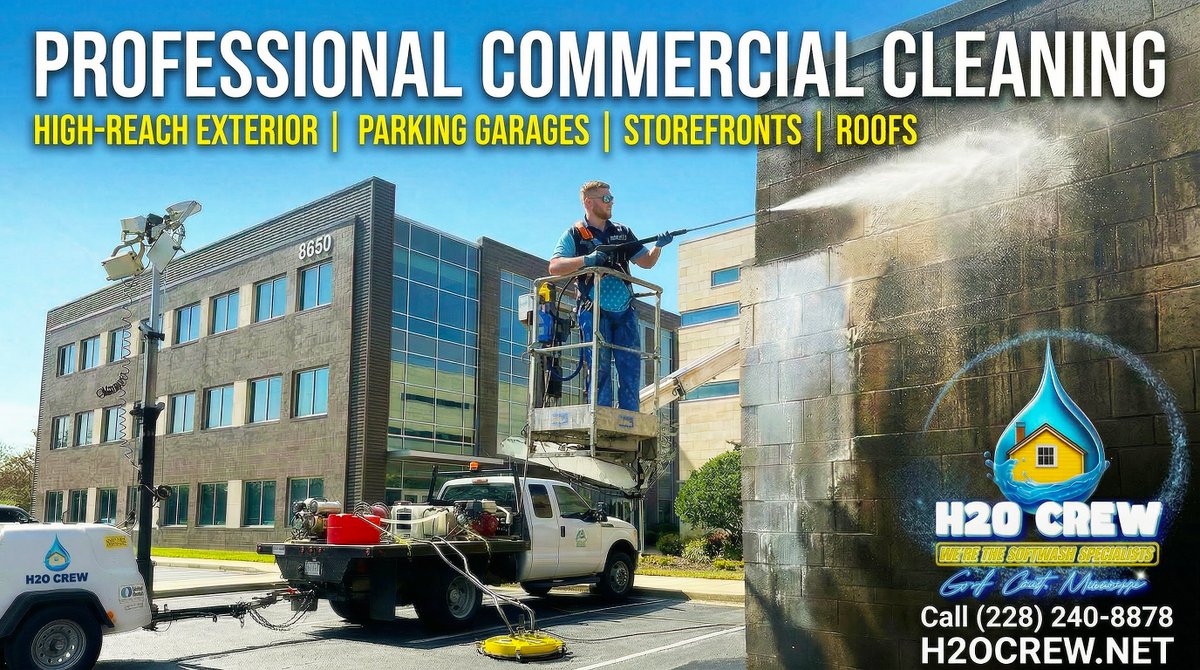 First impressions matter! Ensure your commercial property stands out with our professional high-reach exterior cleaning. We handle storefronts, roofs, and parking garages across the Mississippi Gulf Coast. 🏢💦