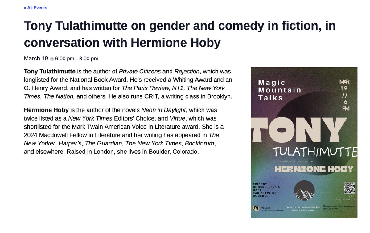 kunktation's tweet photo. Only 5 (free) tix still available to the next of our @MagicMtTalks, on March 19th, with @tonytula in conversation with @hermionehoby https://t.co/jLGaKA1xIO