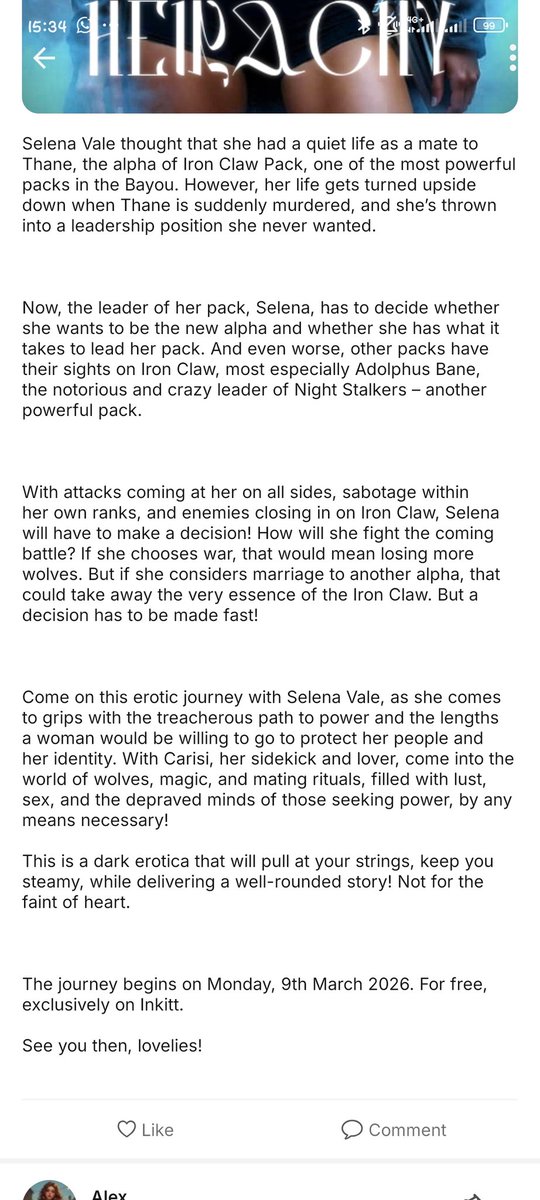 BKAlexa's tweet photo. The blurb to my coming novel, read for free on March 9th 2026! 
#erotica #smut #werewolves #DarkRomance #darkerotica #IranWar #LingOrmDiorAW26APTLook https://t.co/jw8kNa02ZT