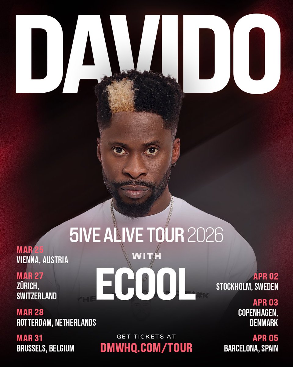 Europe!!! 5IVE Alive Tour 2026 🌍✈️ w/ <a href="/davido/">Davido</a> 

🇦🇹 Austria, 🇨🇭 Switzerland, 🇳🇱 Netherlands,🇧🇪 Belgium, 🇸🇪 Sweden, 🇩🇰 Denmark, 🇪🇸 Spain

WORLDWIDE VIBES!!!  WE COMING!!!!