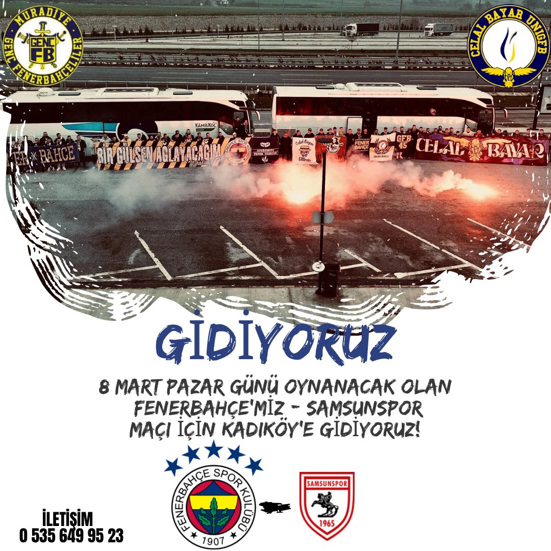 8 MART PAZAR günü oynanacak olan, FENERBAHÇE’miz - samsunspor maçı için KADIKÖY’E GİDİYORUZ!

İLETİŞİM: 0535 649 9523

#MuradiyeGFB
#CelalBayarUNIGFB
