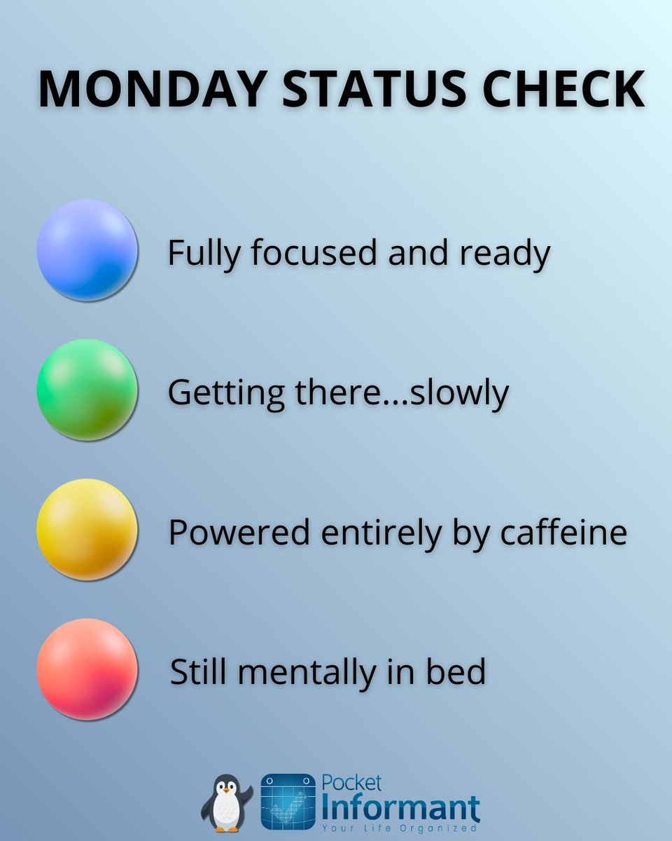 pocketinformant's tweet image. It’s Monday… be honest 👀

What’s your productivity level right now?

Drop your color below
(No judgment here 😅)

🐧 Try Pocket Informant free for 14 days pocketinformant.com

#MondayMood #Productivity #ToDoList #PlannerLife #WorkSmarter #TimeManagement #MotivationMonday
