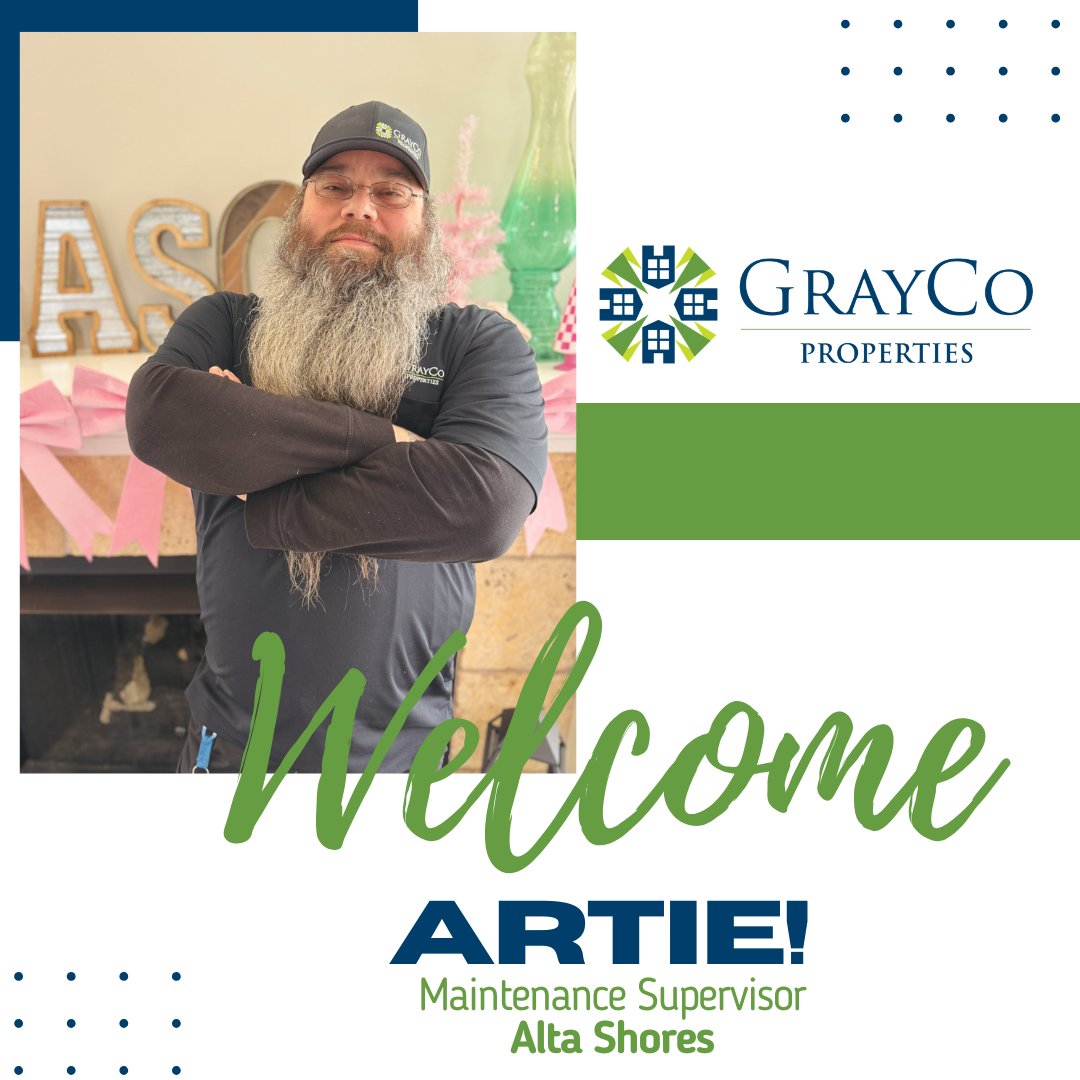 GraycoProps's tweet photo. Please join us in welcoming Artie to our GrayCo team!
Artie is our new Maintenance Supervisor at Alta Shores in North Charleston, SC.
#graycogreatness #graycopropertiesllc #graycoteam https://t.co/0P6QaQNd46
