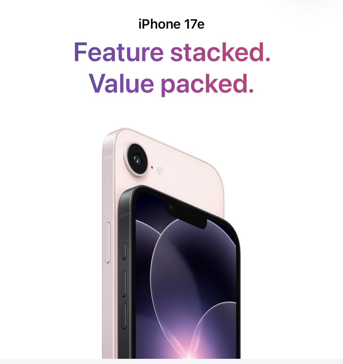 JustJourdon_'s tweet photo. iPhone 17e: #AppleEvent 
Coming in brand new Soft Pink Color 

Details:
A19 Chip 
C1X Modem
50% faster charging 
48MP camera for better portraits https://t.co/ulPWizFQLq