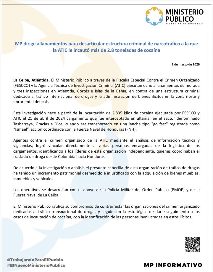 TNH2026's tweet image. 🚨​El MP dirige allanamientos estratégicos para desarticular la estructura criminal vinculada a la incautación de más de 2.8 toneladas de cocaína realizada por la #ATIC ⚖️🔥

#HondurasVamosAEstarBien #TNH