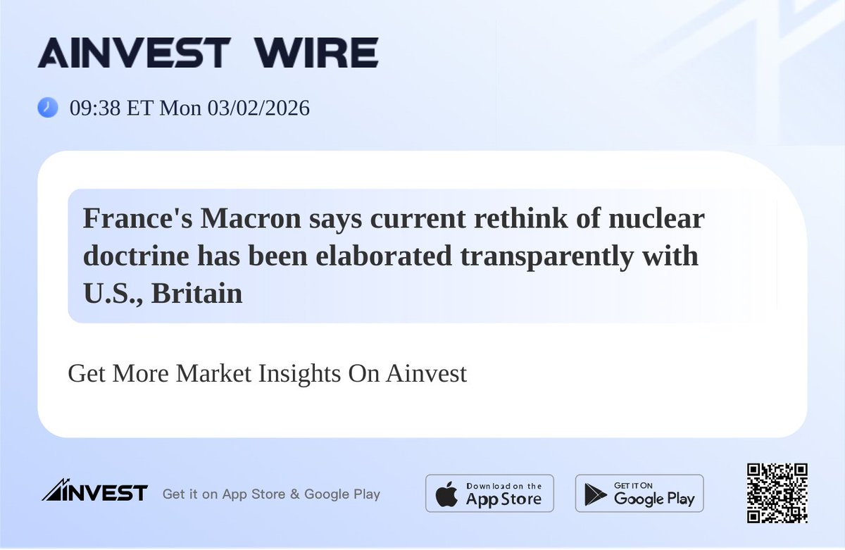 ainvest02's tweet photo. France's Macron says current rethink of nuclear doctrine has been elaborated transparently with U.S., Britain
#AInvest #Ainvest_Wire #rate #ratehiking #FOMC
View more: https://t.co/U4yvQdVFrG https://t.co/8myECxrp5D