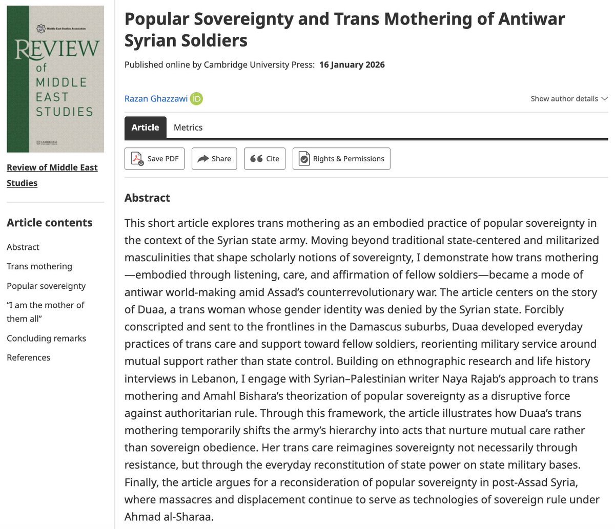 RevoMES's tweet photo. Issue 59.2: "Popular Sovereignty and Trans Mothering of Antiwar Syrian Soldiers" by Razan Ghazzawi explores trans mothering as a practice of popular sovereignty in the Syrian state army https://t.co/e2RG8ClTij