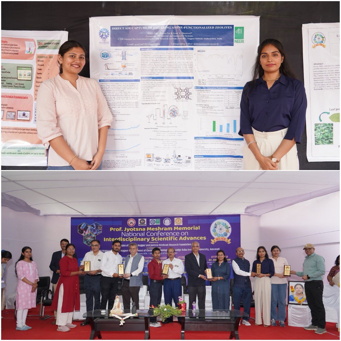 Ms Sonali Pal and Ms Anjana Pai, under Dr Amit Bansiwal, won First Prize for “Direct Air Capture of CO₂ using Functionalised Zeolites” at the National Conference on Interdisciplinary Scientific Advances, Feb 28, 2026, Institute of Science, Nagpur.  #CSIRNEERI #DirectAirCapture