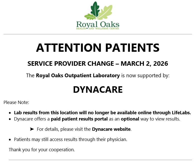 List_Wing_Hosp's tweet photo. Service Provider Change for the Royal Oaks Outpatient Laboratory. Patients can call 519-357-3711 ext. 5821 if you have any questions. https://t.co/NNkkhVtemt