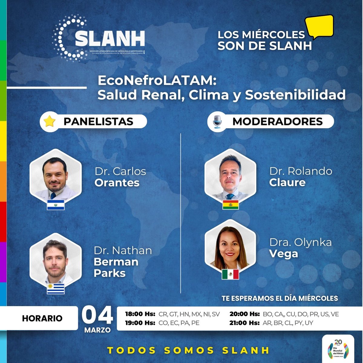 SLANH_'s tweet image. 🎓 PROGRAMA EDUCATIVO ANUAL SLANH
Los Miércoles son de SLANH

🚀 Tema:
EcoNefroLATAM: Salud Renal, Clima y Sostenibilidad

🗓 Miércoles 04 de marzo de 2026

⏰ Horario
🕖 19:00 h 🇵🇦

🔗 Regístrate en: bit.ly/slanh04marzo

🌐 slanh.net

#SLANH #Nefrología