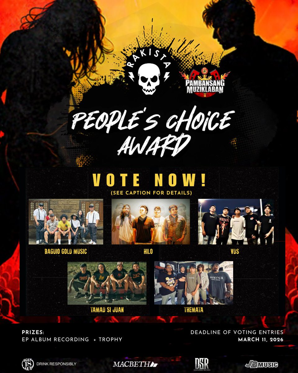Mga Rakista, sino ang inyong RAKISTA
Pambansang Muziklaban People’s Choice?
Bumoto na at suportahan ang paborito niyong
banda!

tinyurl.com/RakistaPeopleC…

Voting ends March 11, 2026, kaya huwag
palampasin!

#2025RedHorseBeerPambansangMuziklaban

Drink Responsibly
Open to 18 years