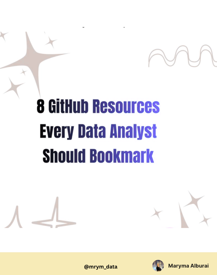 mrym_data's tweet photo. هذه بعض موارد GitHub القيّمة جدًا لمحللي البيانات 📊

 1. ملاحظات الإحصاء (Cheat Sheets & Courses)

 2. Awesome Public Datasets

قائمة ضخمة ومنسقة تحتوي على مجموعات بيانات من مجالات متعددة يمكنك استخدامها للتدريب أو المشاريع.

3. خارطة طريق محلل البيانات (Data Analyst Roadmap)

مسار منظم يبدأ من المستوى المبتدئ حتى الوصول إلى مهارات تؤهلك للعمل كمحلل بيانات.

 4. تمارين Pandas

تمارين عملية لتحليل البيانات باستخدام لغة Python ومكتبة Pandas لتطوير مهاراتك التطبيقية.

 5. دليل Python لعلم البيانات (Python Data Science Handbook)

دفاتر تعليمية تغطي مكتبات أساسية مثل NumPy وPandas وMatplotlib وغيرها.

6. التعلم من خلال المشاريع (Project-Based Learning – قسم البيانات)

قائمة بمشاريع تحليل بيانات يمكنك تنفيذها خطوة بخطوة لبناء خبرة عملية.

 7. تطبيقات ونماذج لتصور البيانات (Data Visualization Sample Apps)

أمثلة للوحات معلومات (Dashboards) وتطبيقات مرئية مبنية على البيانات.

 8. أمثلة Scikit-learn

أمثلة على تعلم الآلة باستخدام مكتبة Scikit-learn، مناسبة لمحللي البيانات الذين يريدون الانتقال إلى النمذجة.

اذا اردت المساعدة في تحليل بياناتك تواصل معي 📩