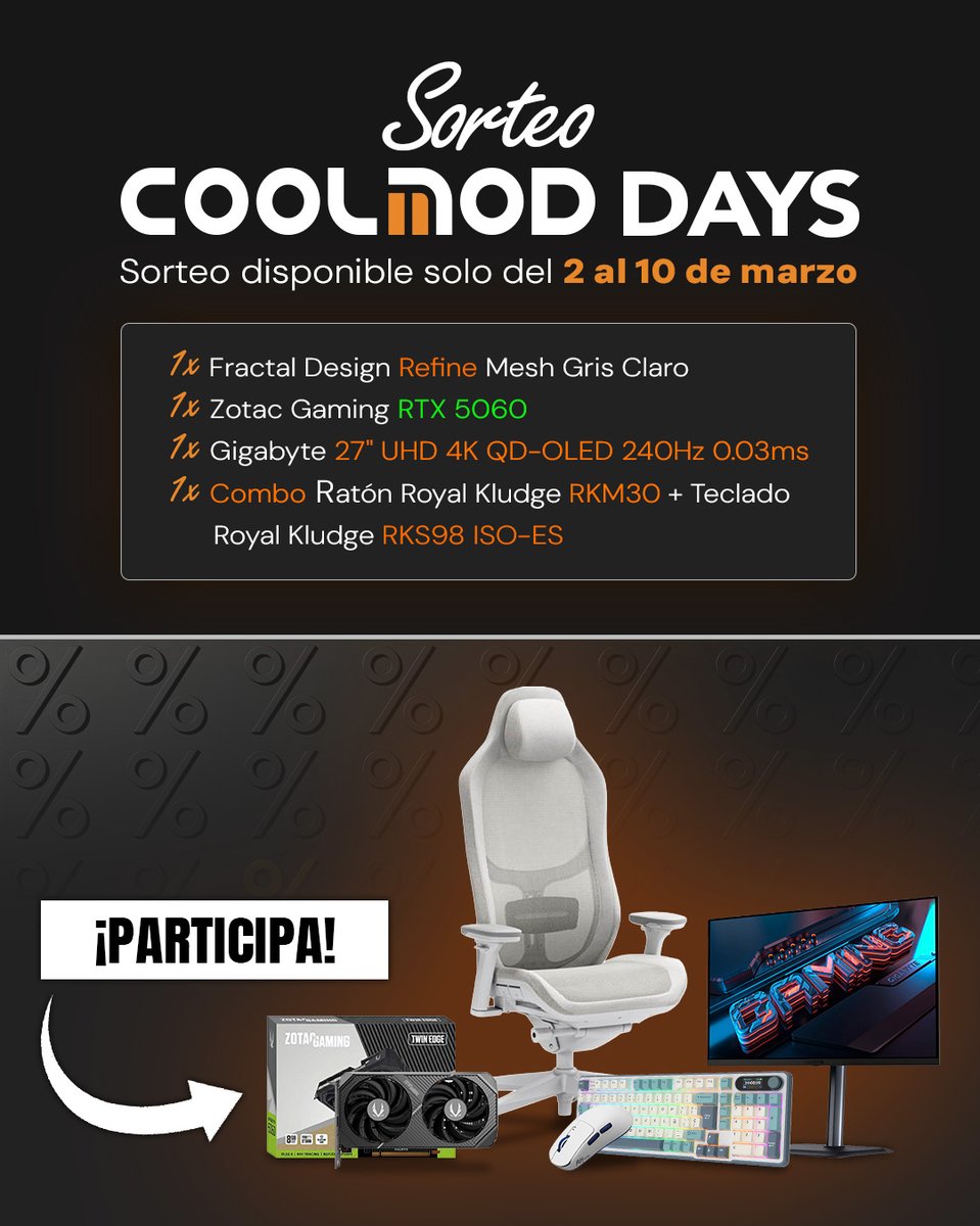 😱 ¡Empiezan los #COOLMODDays con un 𝐒𝐎𝐑𝐓𝐄𝐎 cargado de premios! 🧡

🧡, 🔁 y síguenos
📢 ¿Qué es lo que más necesita ahora mismo tu setup? Cuéntanoslo y etiqueta a ese amigo que siempre está listo para un upgrade usando #COOLMODDays
📝 Rellena el formulario: