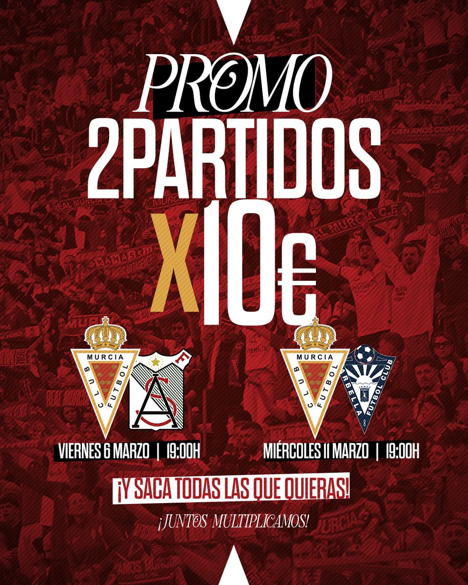 🎟️🔥𝐏𝐑𝐎𝐌𝐎 𝟐 𝐏𝐀𝐑𝐓𝐈𝐃𝐎𝐒 𝐗 𝟏𝟎€

❌ 𝐽𝑈𝑁𝑇𝑂𝑆 𝑀𝑈𝐿𝑇𝐼𝑃𝐿𝐼𝐶𝐴𝑀𝑂𝑆

🆚 Atlético Sanluqueño CF
🗓 Viernes 06/03 – 19:00h
🆚 Marbella FC
🗓 Miércoles 11/03 – 19:00h

 🔜 ¡Dos partidos en 5 días por solo 10€!

🎫 Consigue tu pack en Tienda Oficial y online: