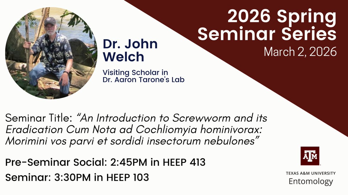 tamuentomology's tweet photo. Dr. John Welch, a visiting scholar in Dr. Tarone's Lab, is today's speaker for our Spring Seminar Series!
He will be presenting, "An Introduction to Screwworm and its Eradication Cum Nota ad Cochliomyia hominivorax: Morimini vos parvi et sordidi insectorum nebulones."
#TAMUBugs https://t.co/ddsigiaq7u