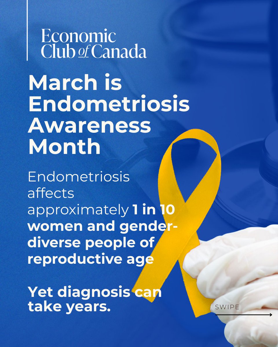 economicclubca's tweet photo. March is #EndometriosisAwarenessMonth. Endometriosis affects 1 in 10 women and gender-diverse people of reproductive age in Canada, yet diagnosis can take 7–10 years. Join us Mar 12 to discuss barriers to care &amp; solutions: https://t.co/BGTrtzI5d1 https://t.co/wGKVRUJdff