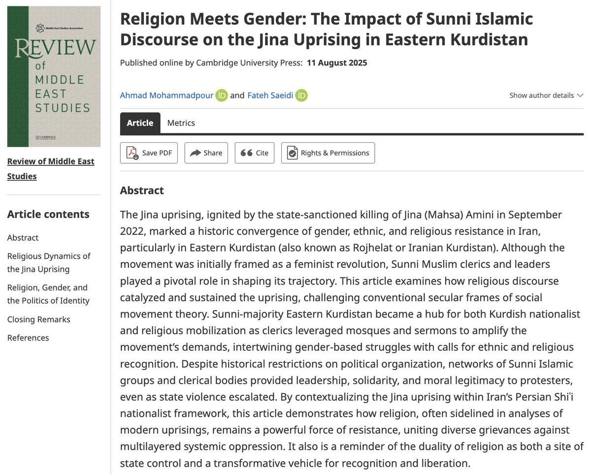 RevoMES's tweet photo. Issue 59.2: "Religion Meets Gender: The Impact of Sunni Islamic Discourse on the Jina Uprising in Eastern Kurdistan" by Ahmad Mohammadpour &amp; Fateh Saeidi examines how religious discourse catalyzed and sustained the Jina uprising https://t.co/8bZKIO7hGH