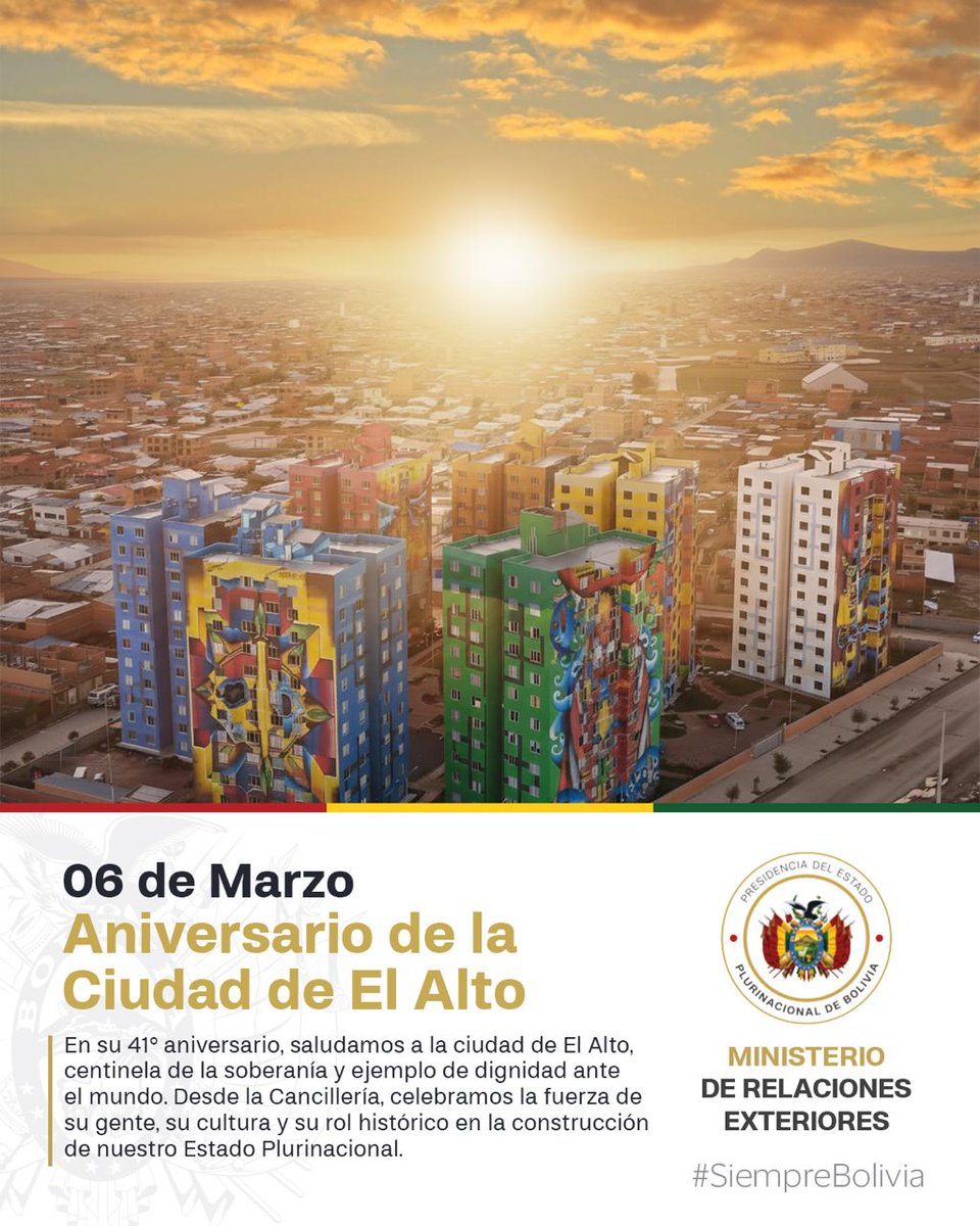 MRE_Bolivia's tweet photo. Bolivia celebra el aniversario de El Alto, ciudad de fuerza y diversidad que impulsa nuestro desarrollo. 🇧🇴 
#ElAlto #Bolivia #Aniversario https://t.co/O54U2uV7MW
