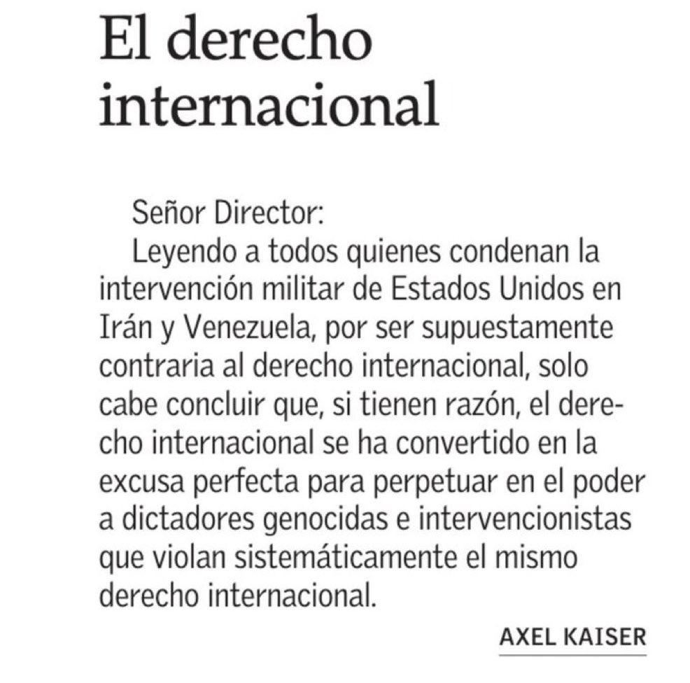 Todos quienes invocan el derecho internacional para escudar el régimen genocida iraní o el narco régimen venezolano no son más que tontos útiles o cómplices de los genocidios y crímenes de estas dictaduras. Curiosamente son casi todos de izquierda.