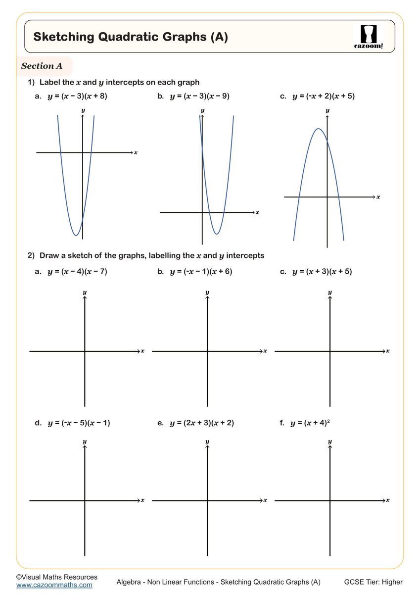 CazoomMaths's tweet photo. 📈 This week's FREE Worksheet of the Week: Sketching Quadratic Graphs!

✏️ Factorised and standard form quadratics
📐 Identify x and y intercepts
✅ Sketch parabolas with confidence

Perfect for Year 10–11 students.

Download now ⬇️ https://t.co/fRIw0n96R8 https://t.co/o8RmT0OgEw
