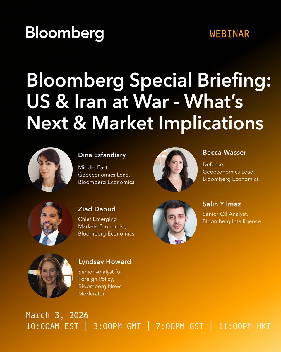 vmohith25's tweet photo. US-Israeli strikes on Iran and Tehran's retaliation have thrust the Middle East into war, with significant implications for geopolitical stability.

Join @Bloomberg experts for a discussion on what this means for the economy and markets.

🔗 Register: https://t.co/X6JlevDUBJ https://t.co/3WNlivyaJ8