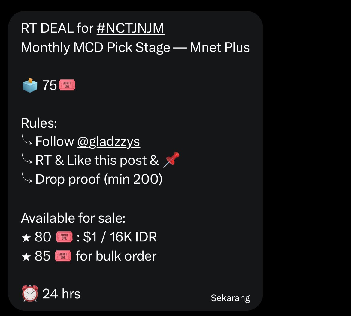 RT DEAL for #NCTJNJM 
Monthly MCD Pick Stage — Mnet Plus

🗳️ 75🎟️

Rules:
⤷ Follow <a href="/gladzzys/">gladzzys votes</a> 
⤷ RT &amp; Like this post &amp; 📌
⤷ Drop proof (min 200)

Available for sale:
⭑ 80 🎟️ : $1 / 16K IDR
⭑ 85 🎟️ for bulk order 

⏰ 24 hrs