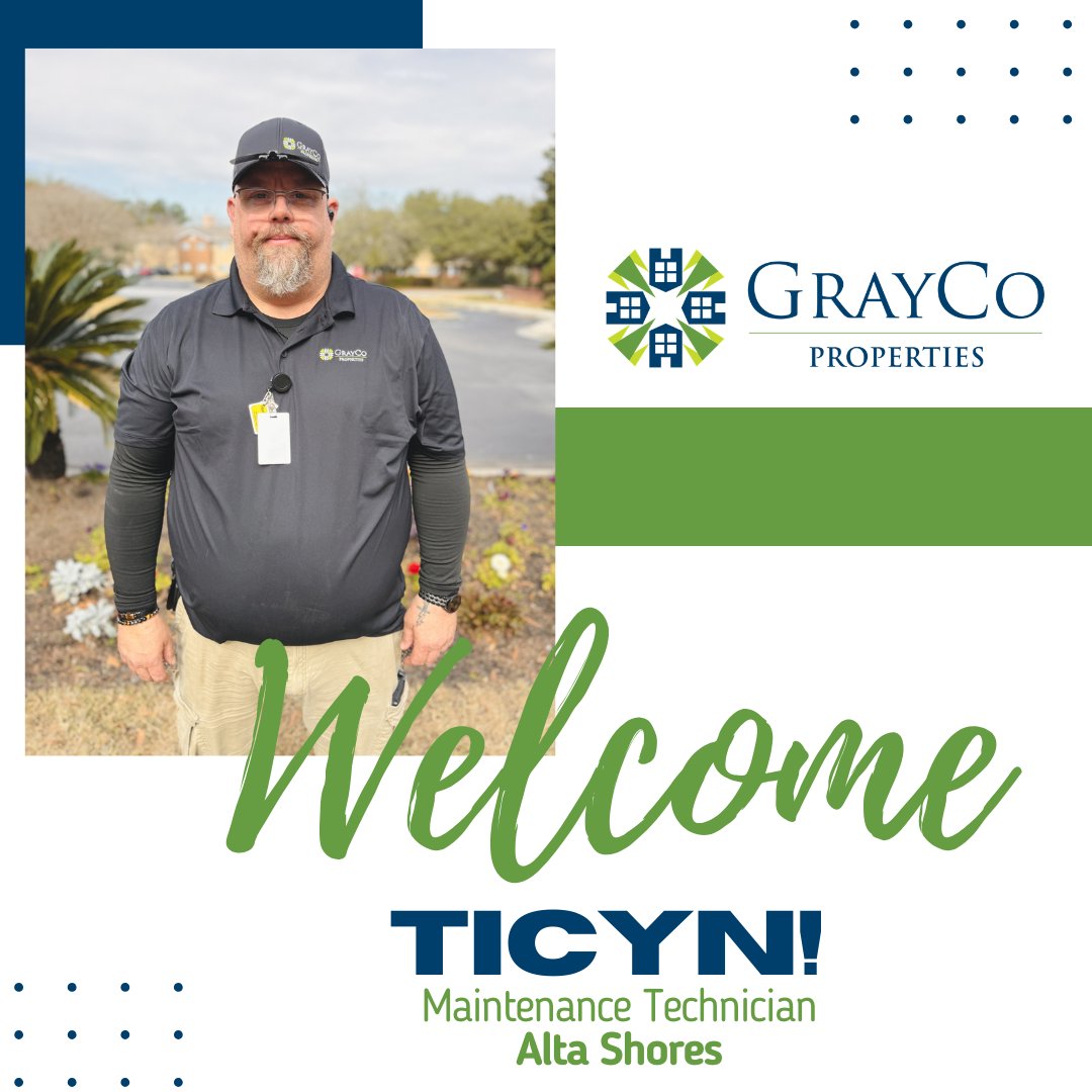 GraycoProps's tweet photo. Please join us in welcoming Ticyn to our GrayCo team!
Ticyn is our new Maintenance Technician at Alta Shores in North Charleston, SC.
#graycogreatness #graycopropertiesllc #graycoteam https://t.co/BdbuInMTi9