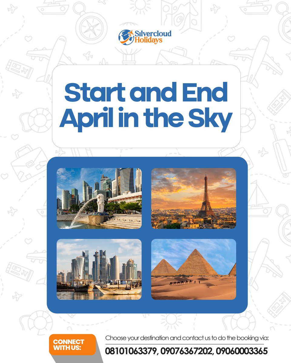 SilvercloudTra1's tweet photo. Spend all of April traveling.

Travel Date: 1st-30th April, 2026 (Return Flight From Lagos)

Your Destination Options:
🇸🇬 Singapore: ₦1,881,810
🇫🇷 France: ₦1,373,150
🇶🇦Qatar: ₦1,391,330

#AprilTravel
#FlightBooking
#AdventureAwaits
#SilvercloudTravels https://t.co/svTbbLtPRW