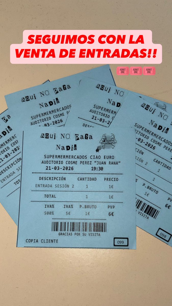 SEGUIMOS CON LA VENTA DE ENTRADAS!!!🎟️🎭
⚠️RECORDAD⚠️
Todavía podéis comprar entradas todos los recreos en la puerta del edificio grande el instituto IES Río Duero🎟️🎟️
⏰Hay dos sesiones:
1ª sesión- 17:00
2ª sesión-19:30
💰Precios:
entrada en butaca: 6€
entrada de fila 0: 3€