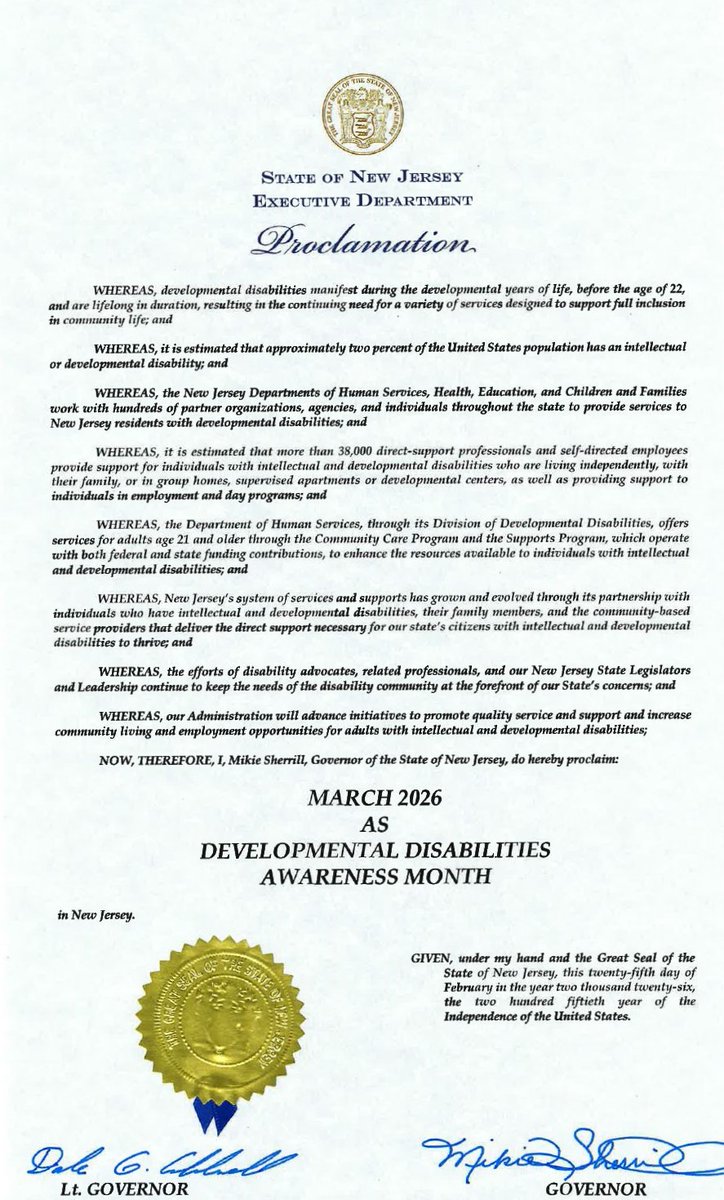 NJDHS's tweet photo. .@GovSherrillNJ has officially declared March to be #DevelopmentalDisabilitesAwarenessMonth in NJ!
This month seeks to raise awareness and celebrate people with intellectual and developmental disabilities, their families and caregivers, throughout New Jersey.  #DDAwareness2026 https://t.co/pOLLGoUQIG