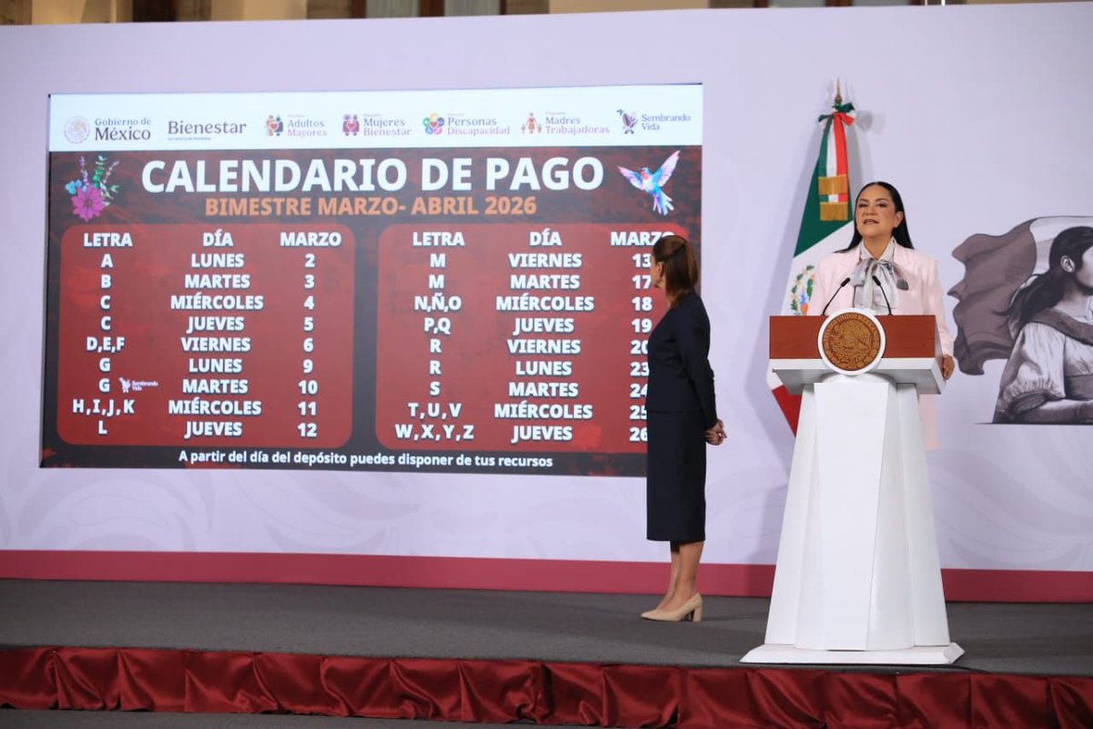 A_MontielR's tweet photo. En la #MañaneraDelPueblo de la presidenta @Claudiashein, presenté el calendario de pago del bimestre marzo-abril de la #PensiónMujeresBienestar, #PensiónAdultoMayor, #PensiónDiscapacidad, #MadresTrabajadoras y #SembrandoVida.

Más de 18.8 millones de derechohabientes y beneficiarios recibirán una inversión social de 104,695.5 mmdp a través de la #TarjetaBienestar, de acuerdo con la primera letra de su apellido.

#HumanismoMexicano
#PrimeroLosPobres