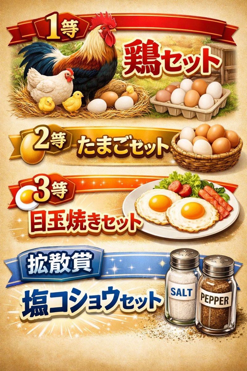 ✨️ぺに企画第1弾✨

🐓1等🐓
鶏セット🐔

🥚2等🥚
🥚セット

🍳3等🍳
目玉焼きセット🍳

🧂拡散賞🧂
お料理セット🍲

⚠️謎企画ですが、全部福袋形式です⚠️
ちゃんと良いものが入ってます。

参加条件
<a href="/uy9zo/">まぼです。🍮</a> と <a href="/2clu_/">あゎち</a> のフォローとRTのみ！！

締切  3/5  23:59〆
 #ペニンシュラ