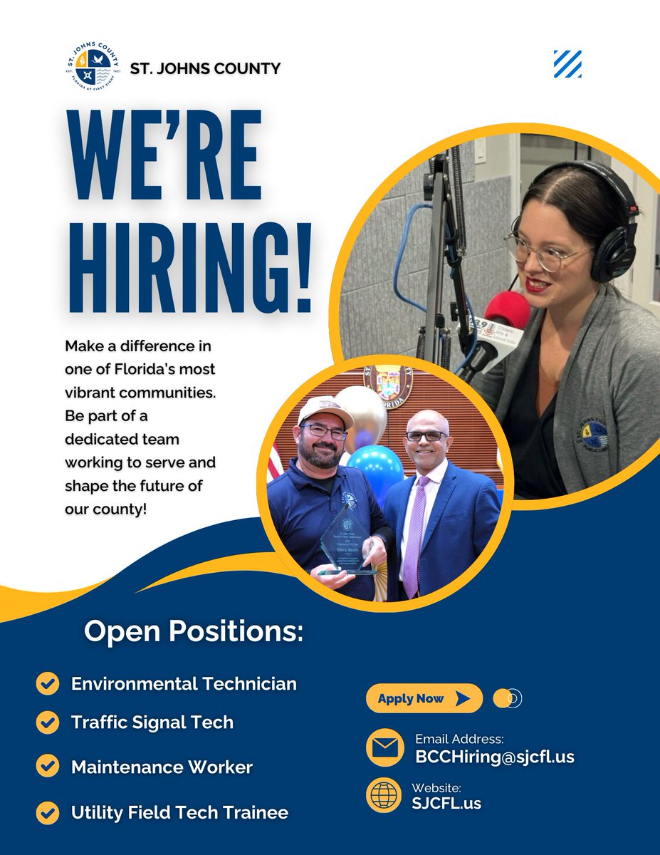 StJohnsCounty's tweet photo. We're Hiring! 💼 
St. Johns County is now hiring across multiple departments and looking for dedicated individuals to help serve our community. ✨
Explore positions and Apply Today!
☎️ (904)-209-0635
✉️ BCChiring@sjcfl.us
🔗 Apply Now! https://t.co/P9zuF73AEJ
#MySJCFL https://t.co/rYYzrQlMdq