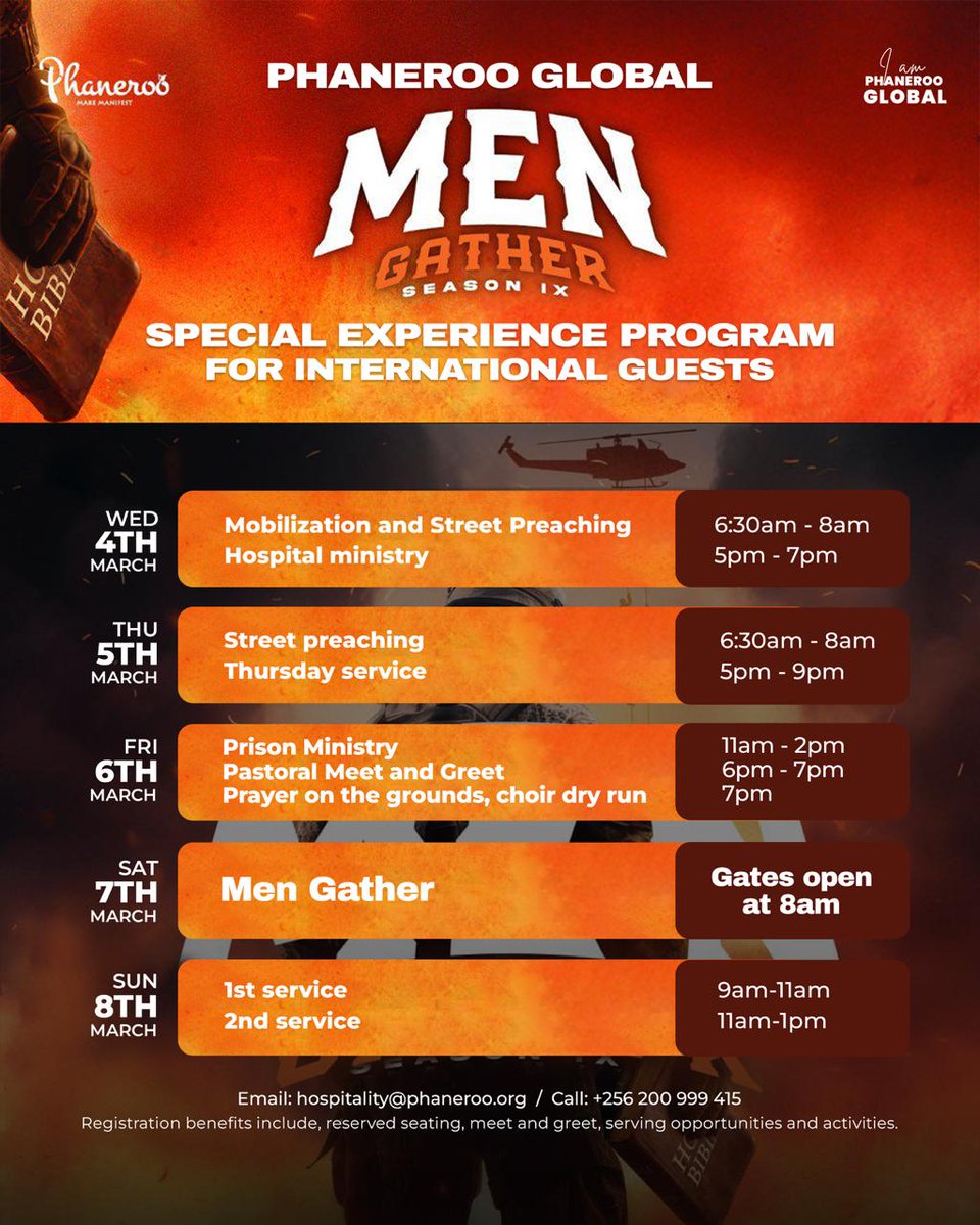 🌏⭐️ *SPECIAL EXPERIENCE FOR INTERNATIONAL GUESTS*

Follow the link to register with us; 
bit.ly/internationalg…

✍🏾📝Registration benefits include meet and greet, serving opportunities and activities!

Email: hospitality@phaneroo.org
Call: +256 200 999 415

*#MenGatherIX 💪🏽*